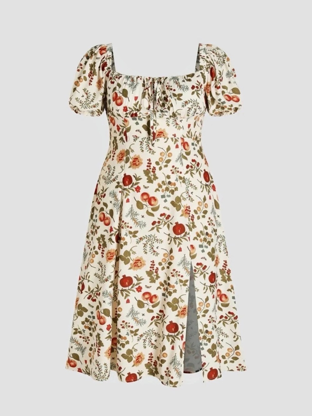 NWOT: Cider Fruit Square Neck Puff Sleeve Midi Dress Cream & Red